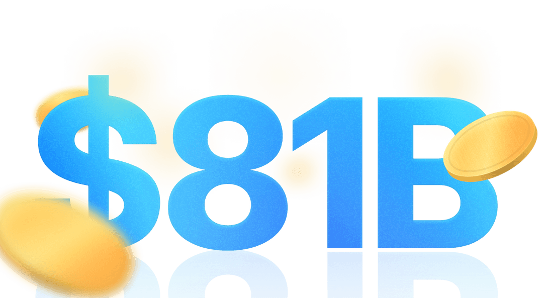 The text $81B surrounded by falling gold coins